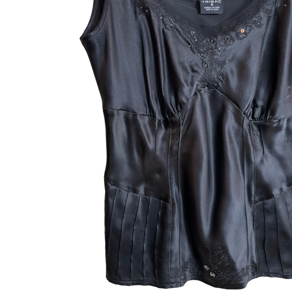 Tribal Black Satin Embellished Tank Top - Picture 2 of 10